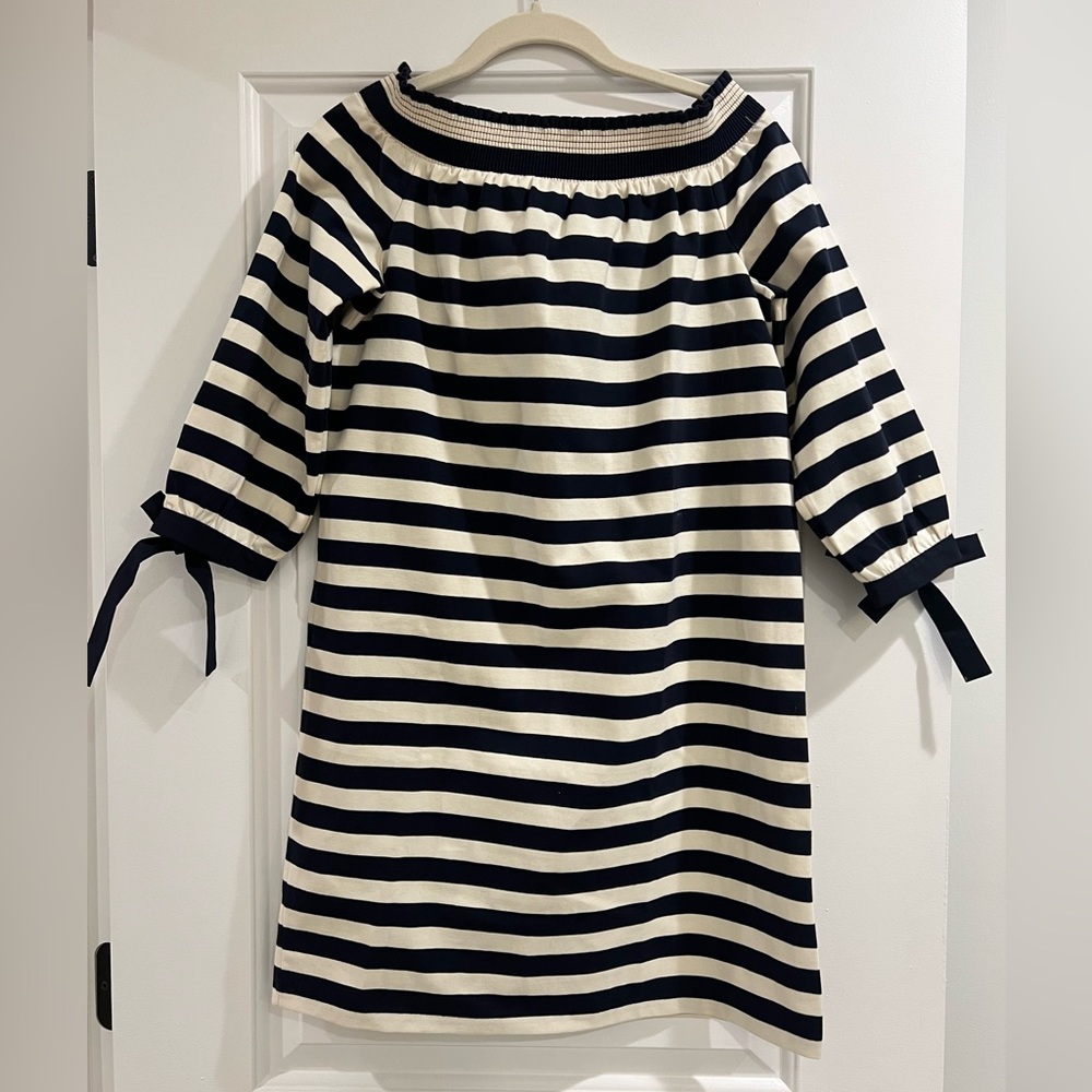 J. Crew Navy and White Striped Off-Shoulder Dress